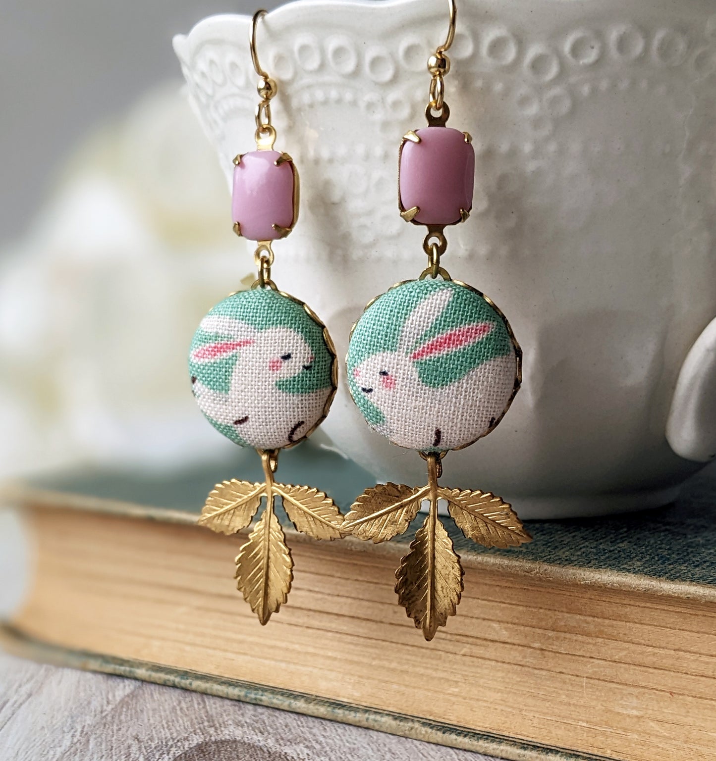 Pastel Bunny Earrings, Fabric, Pink Vintage Glass And Vintage Gold Leaves, Cute Rabbit Jewelry
