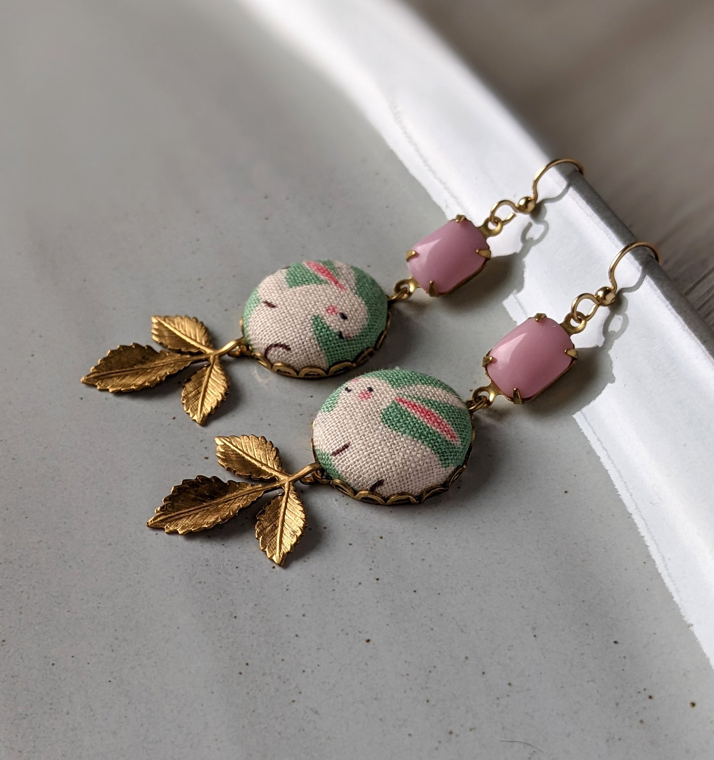 Pastel Bunny Earrings, Fabric, Pink Vintage Glass And Vintage Gold Leaves, Cute Rabbit Jewelry