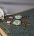 Load image into Gallery viewer, Pastel Bunny Earrings, Fabric, Pink Vintage Glass And Vintage Gold Leaves, Cute Rabbit Jewelry
