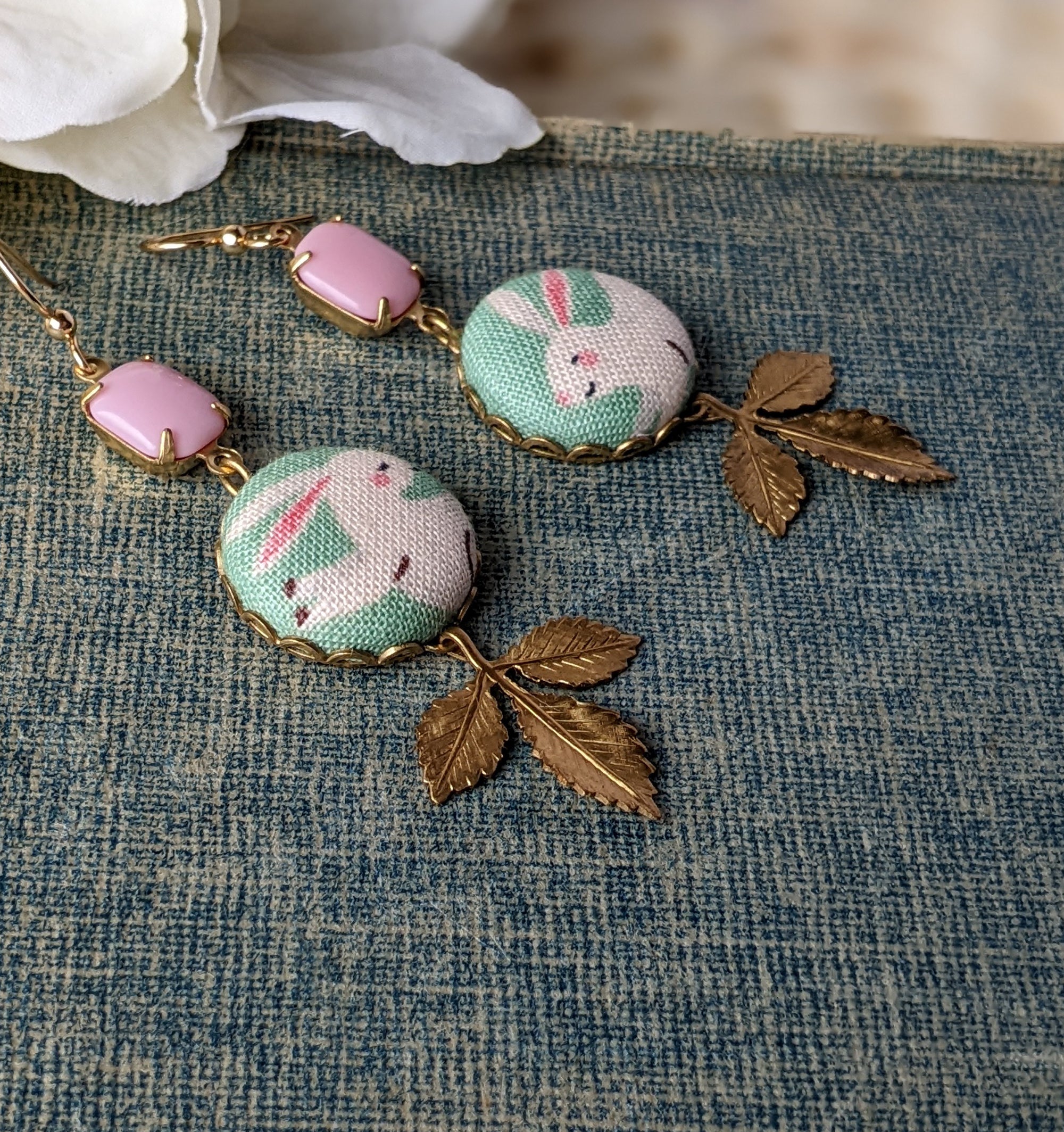 Pastel Bunny Earrings, Fabric, Pink Vintage Glass And Vintage Gold Leaves, Cute Rabbit Jewelry