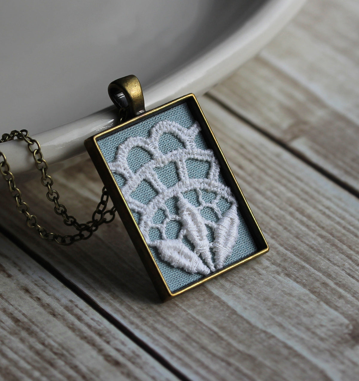 Large Rectangle Pendant With Vintage Art Deco White Lace And Sky Blue Fabric