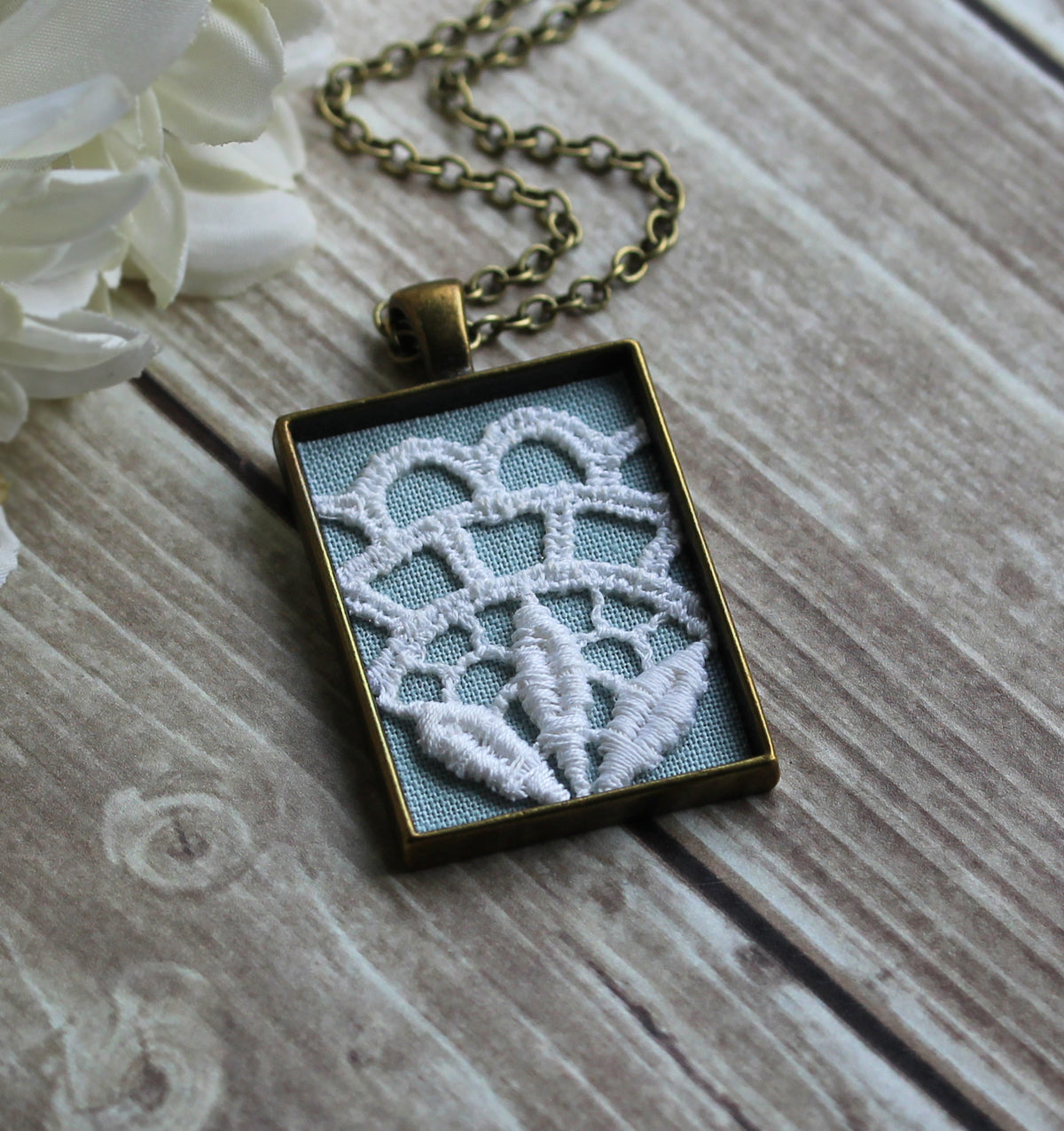 Large Rectangle Pendant With Vintage Art Deco White Lace And Sky Blue Fabric