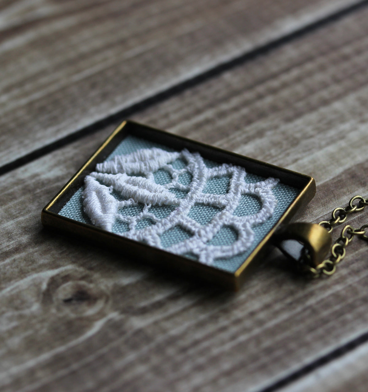 Large Rectangle Pendant With Vintage Art Deco White Lace And Sky Blue Fabric