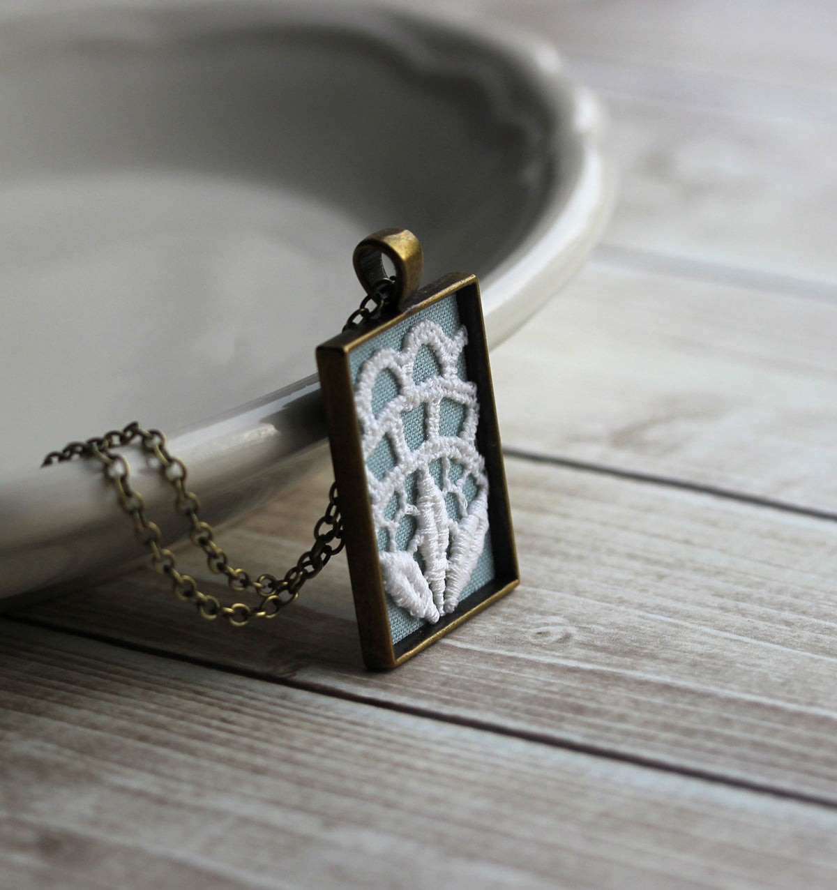 Large Rectangle Pendant With Vintage Art Deco White Lace And Sky Blue Fabric