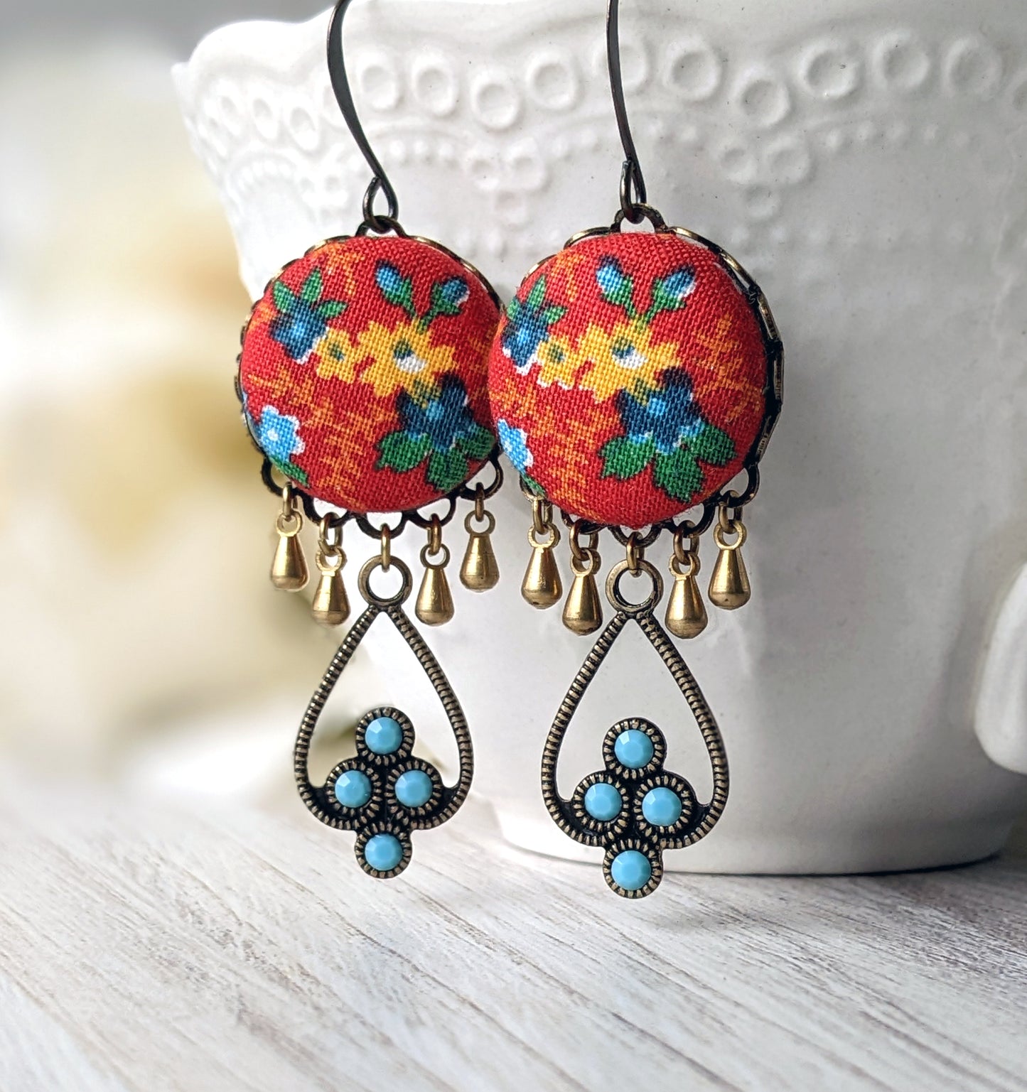 Red And Turquoise Earrings With Vintage Floral Print Fabric And Rhinestones, Boho Southwest Jewelry