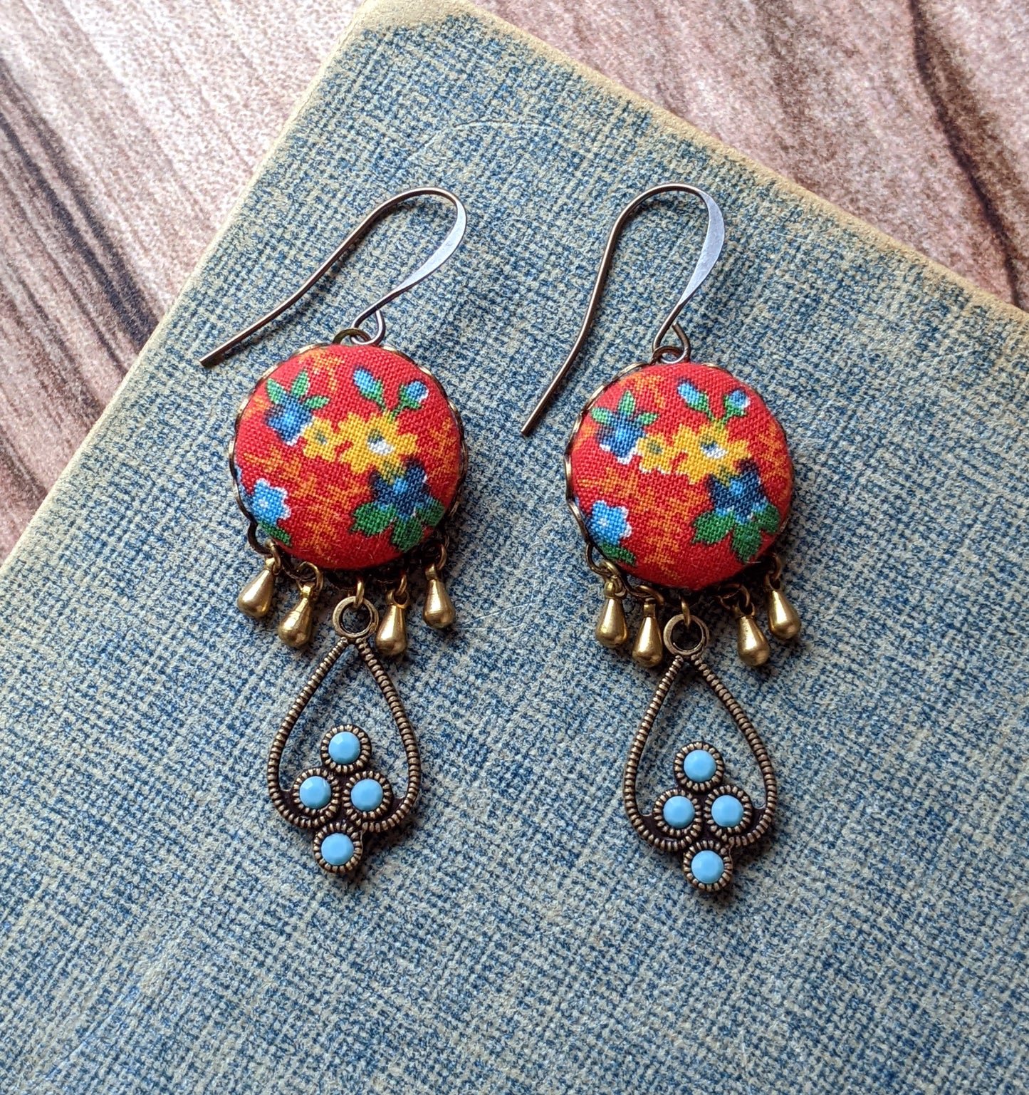 Red And Turquoise Earrings With Vintage Floral Print Fabric And Rhinestones, Boho Southwest Jewelry