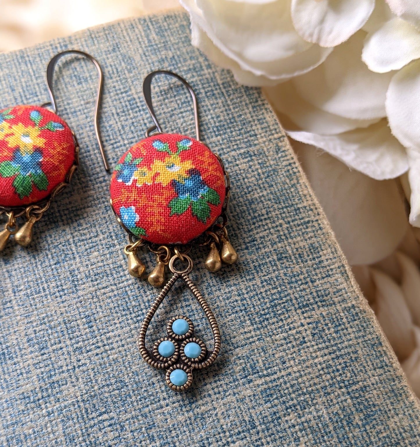 Red And Turquoise Earrings With Vintage Floral Print Fabric And Rhinestones, Boho Southwest Jewelry