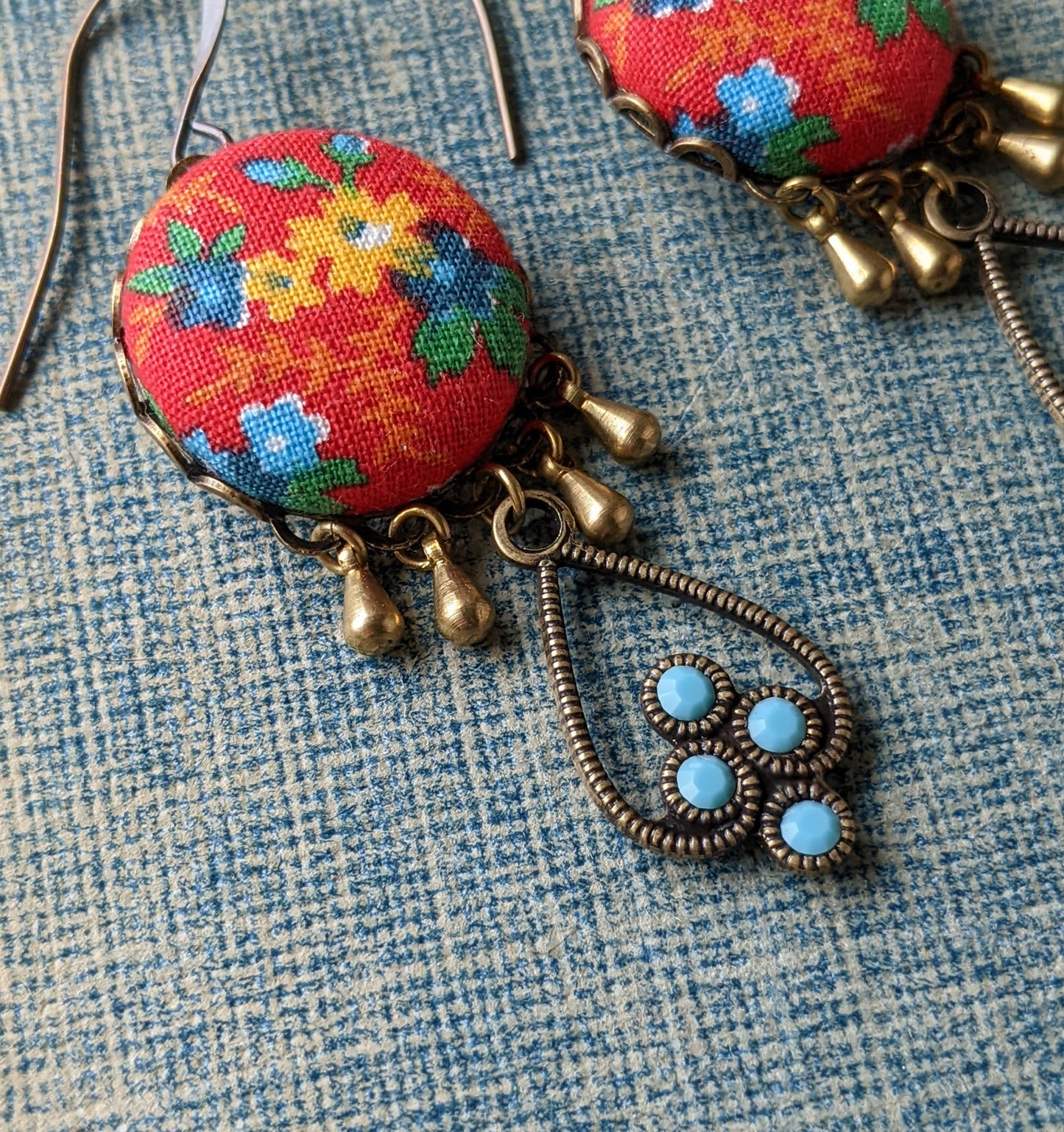 Red And Turquoise Earrings With Vintage Floral Print Fabric And Rhinestones, Boho Southwest Jewelry