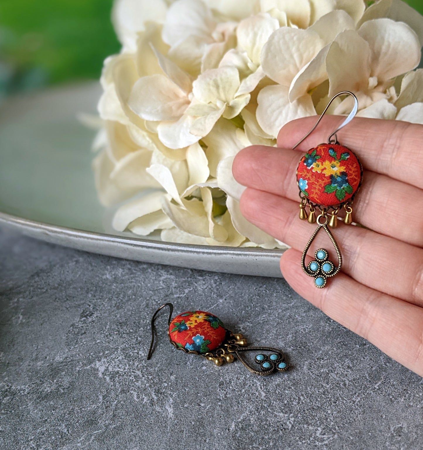 Red And Turquoise Earrings With Vintage Floral Print Fabric And Rhinestones, Boho Southwest Jewelry