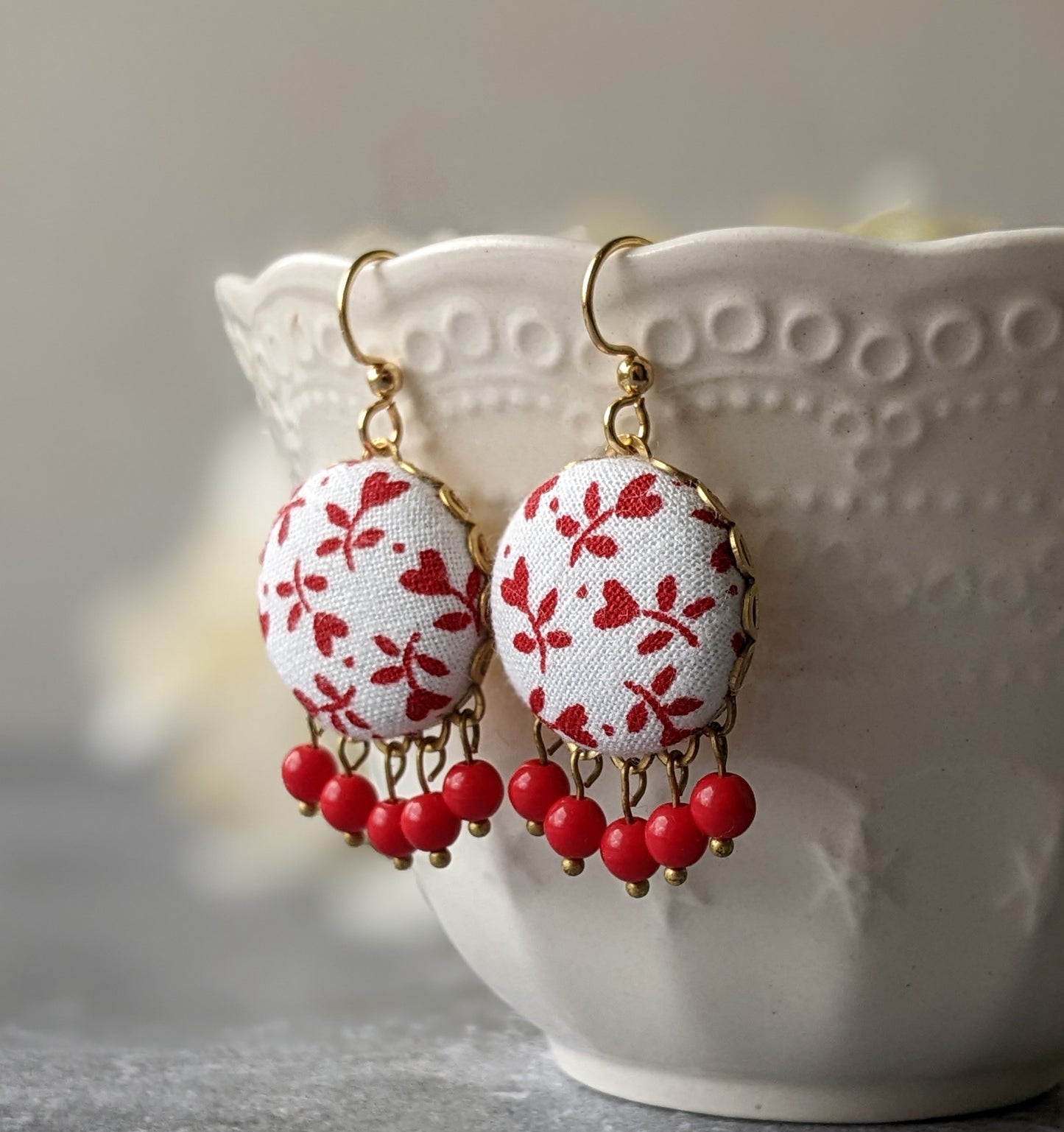 Cute Red Heart Earrings With Vintage Floral Fabric And Glass Beads, Whimsical Boho Jewelry