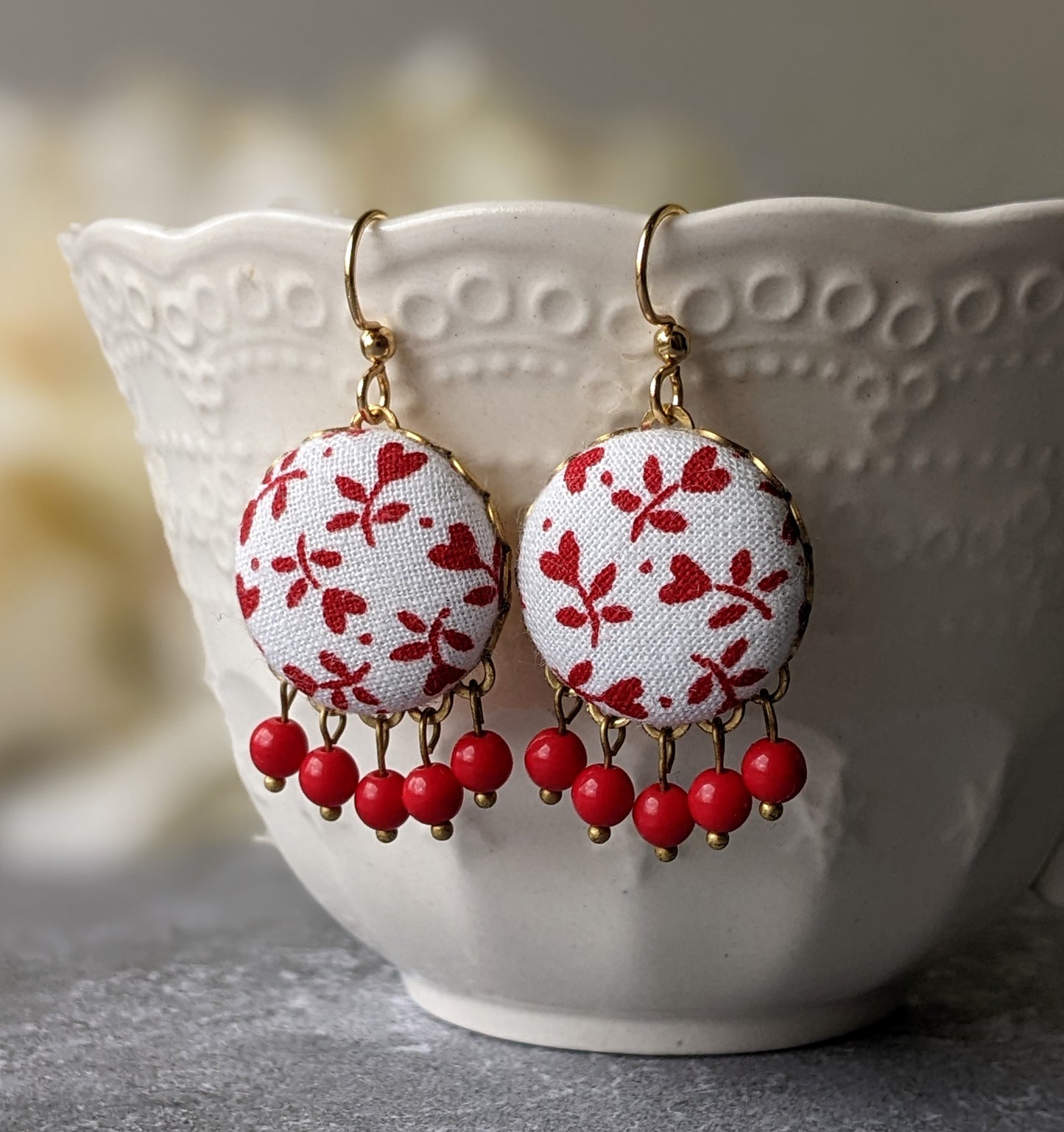 Cute Red Heart Earrings With Vintage Floral Fabric And Glass Beads, Whimsical Boho Jewelry