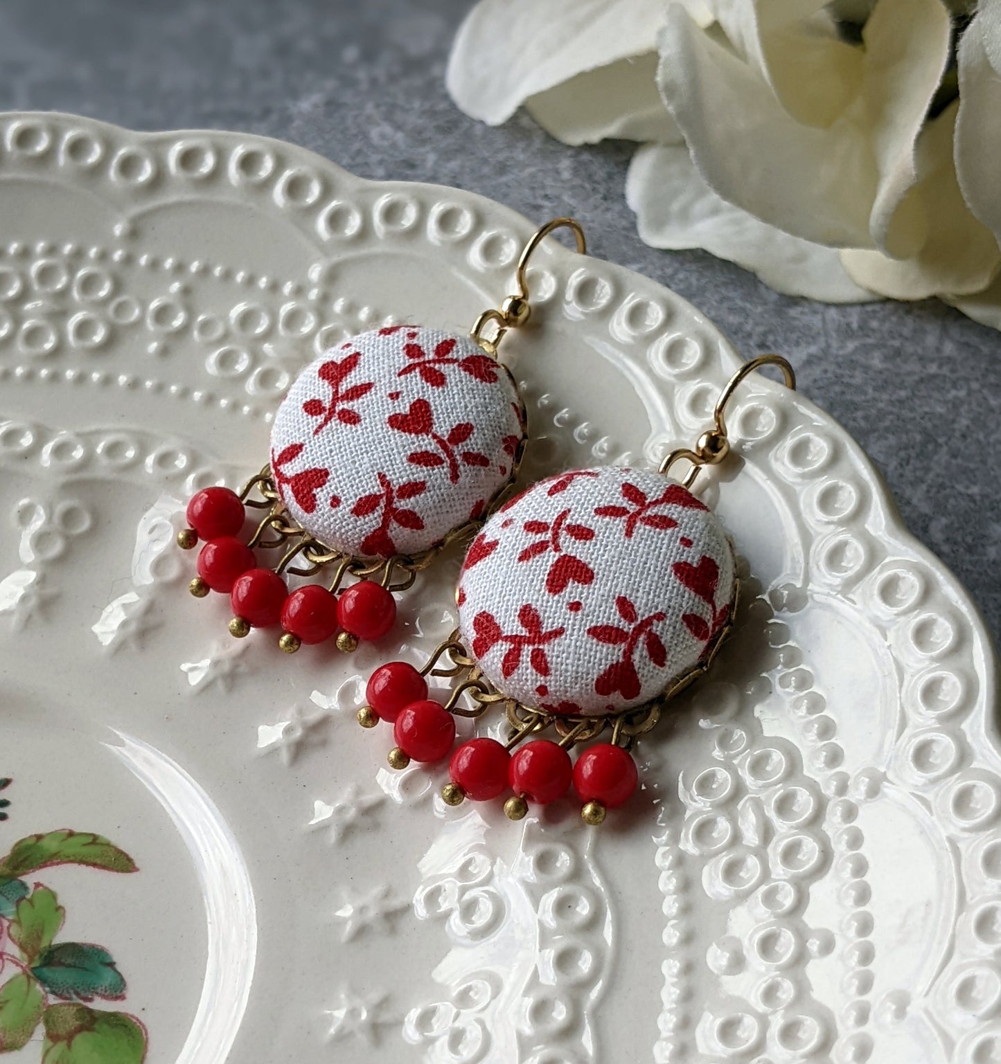 Cute Red Heart Earrings With Vintage Floral Fabric And Glass Beads, Whimsical Boho Jewelry