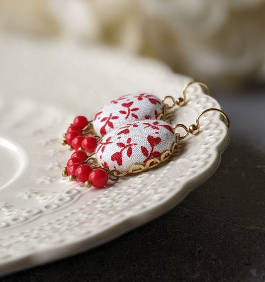 Cute Red Heart Earrings With Vintage Floral Fabric And Glass Beads, Whimsical Boho Jewelry