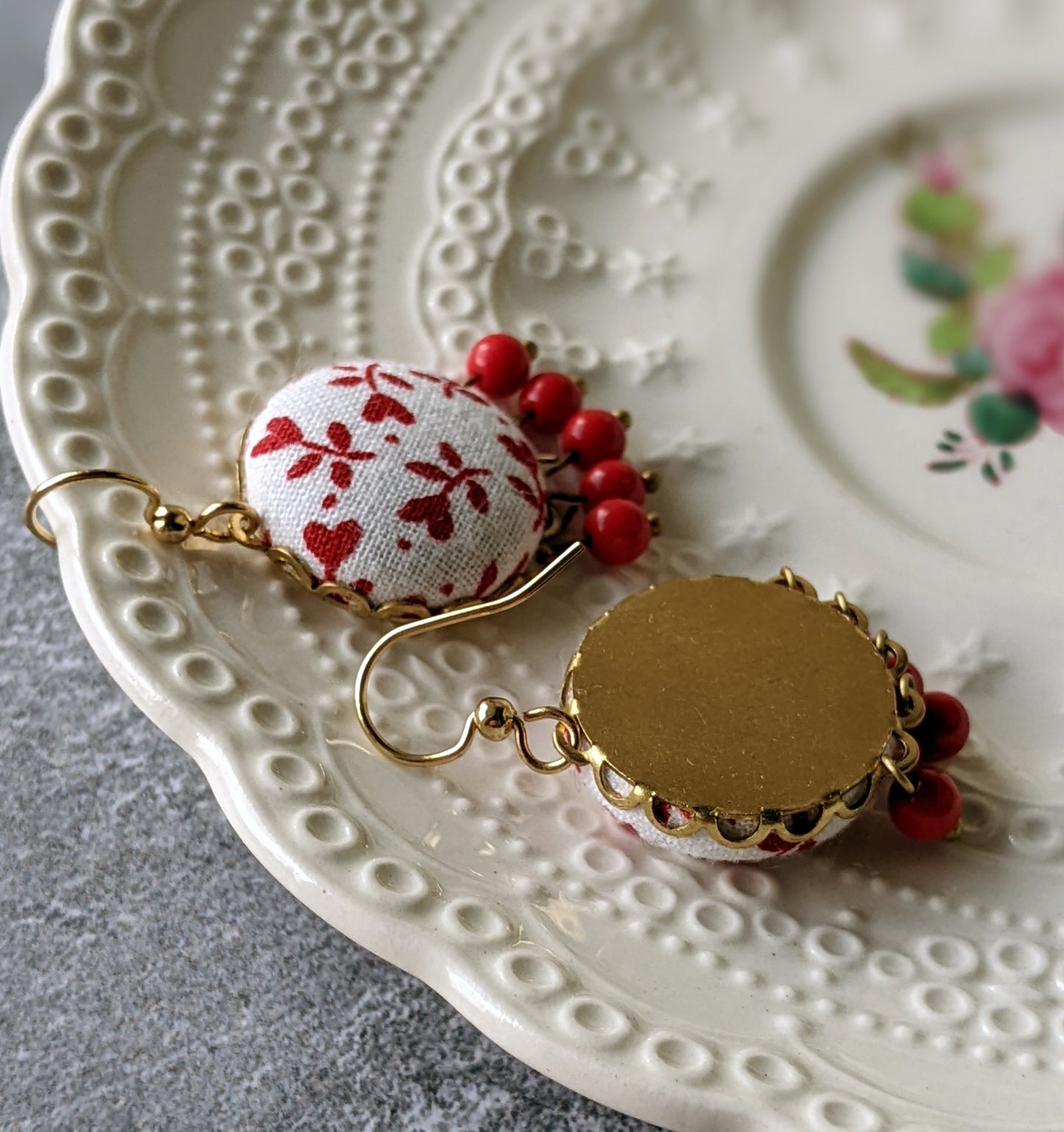 Cute Red Heart Earrings With Vintage Floral Fabric And Glass Beads, Whimsical Boho Jewelry