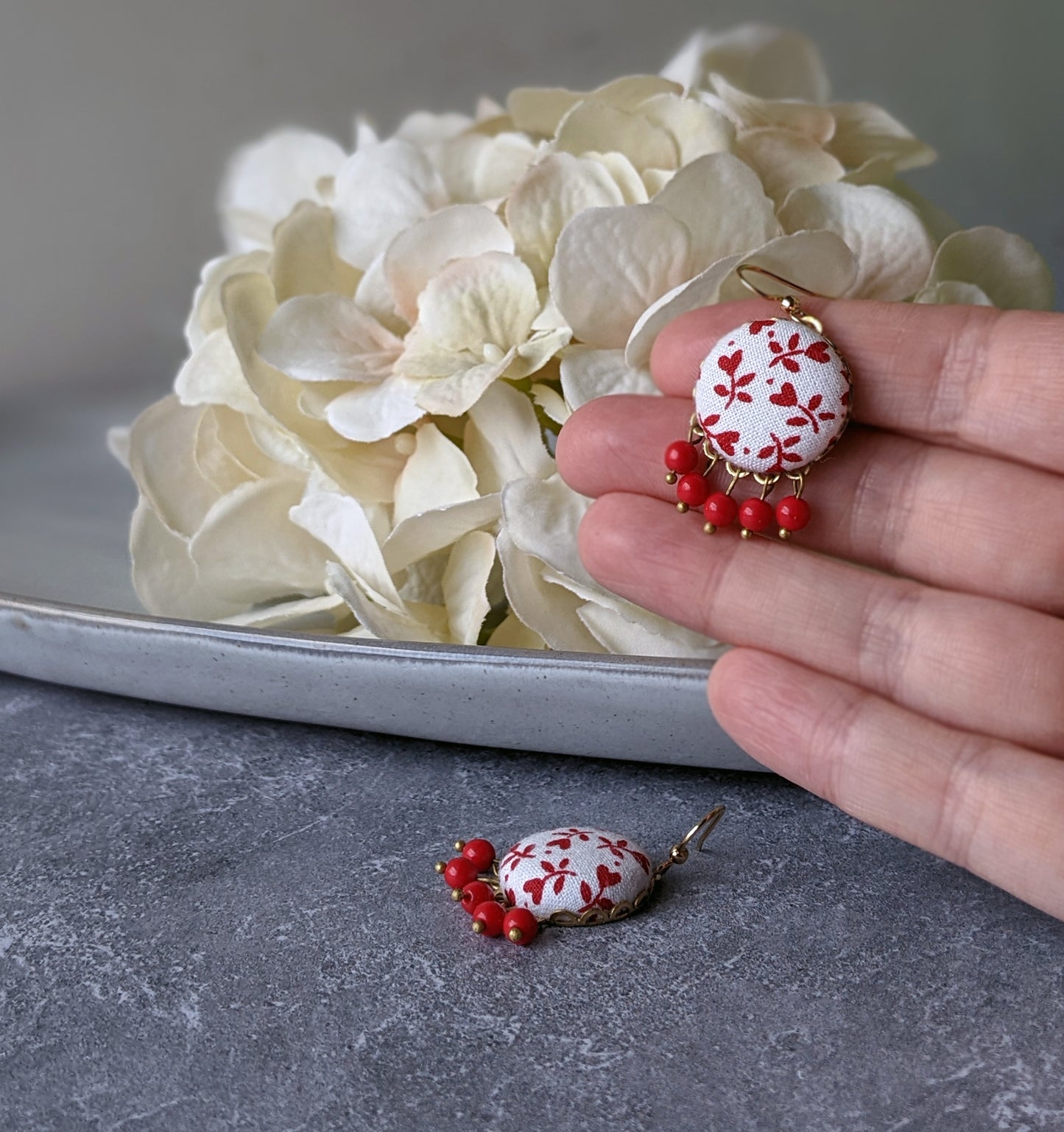 Cute Red Heart Earrings With Vintage Floral Fabric And Glass Beads, Whimsical Boho Jewelry