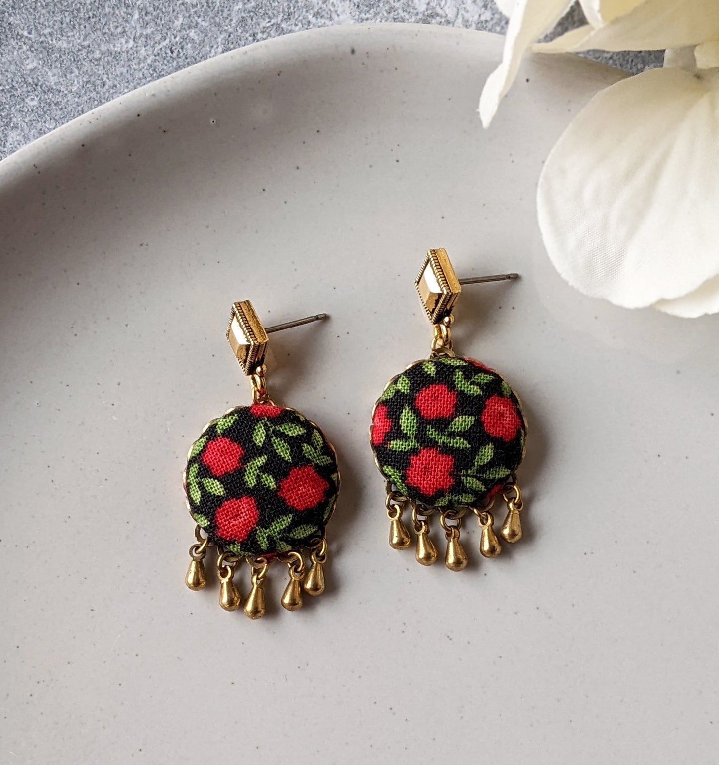 Red Rose Earrings With Brass Drops, Floral Fabric Nature Jewelry, Cottagecore Earrings, Green Leaves