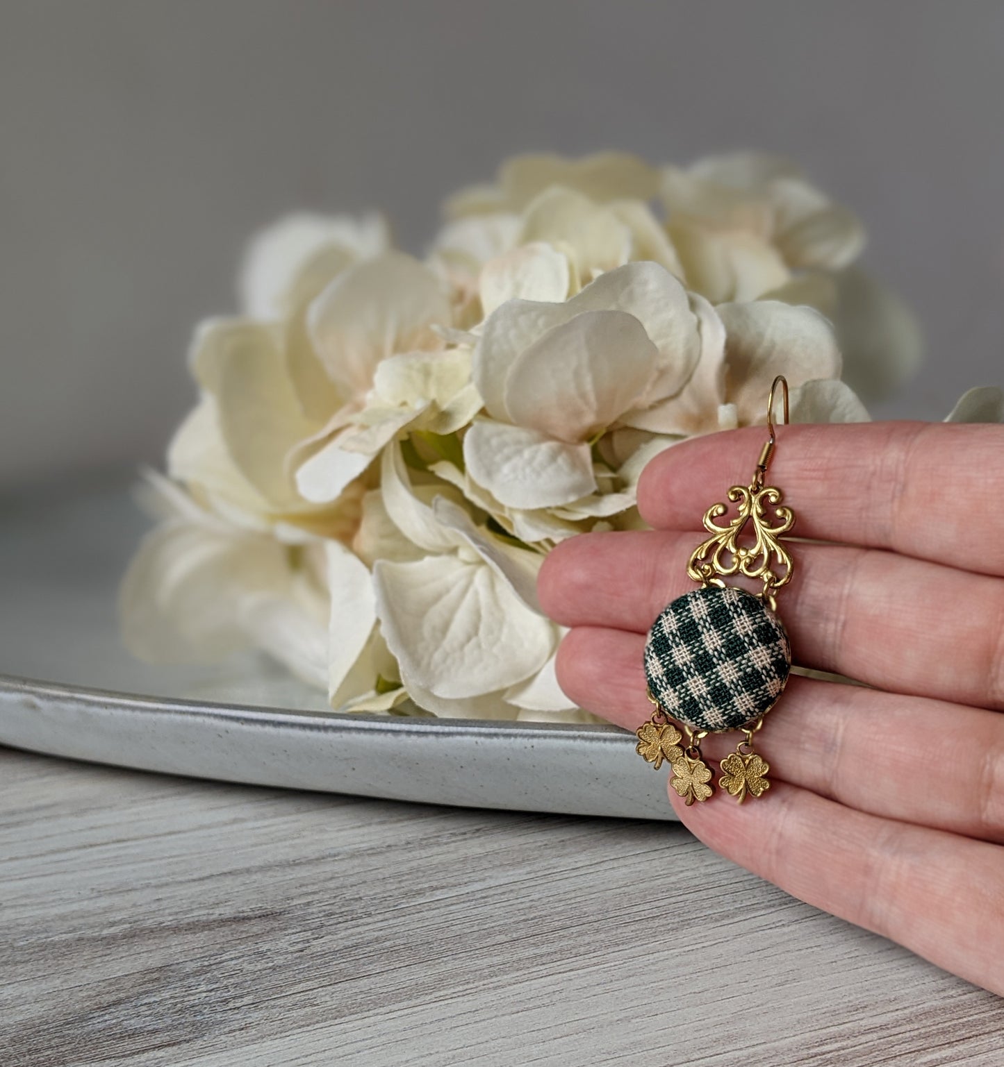 Gingham And Shamrock Earrings, Green And Gold Irish Lucky Four Leaf Clover St. Patrick's Day