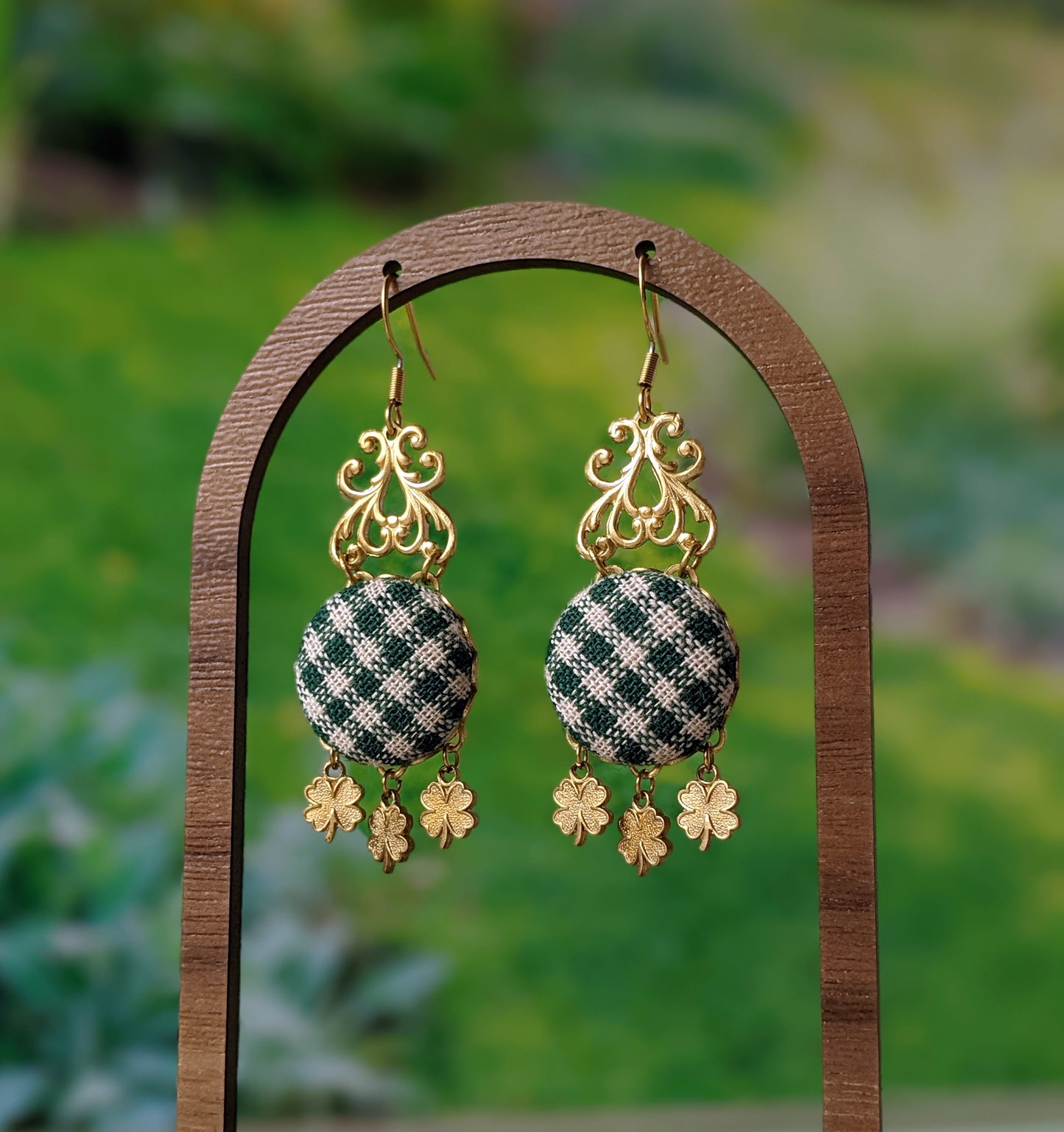 Gingham And Shamrock Earrings, Green And Gold Irish Lucky Four Leaf Clover St. Patrick's Day