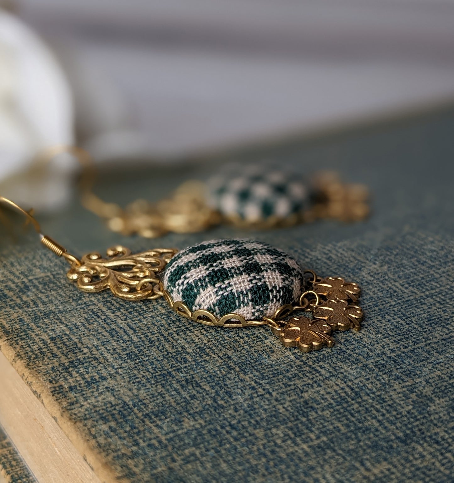 Gingham And Shamrock Earrings, Green And Gold Irish Lucky Four Leaf Clover St. Patrick's Day