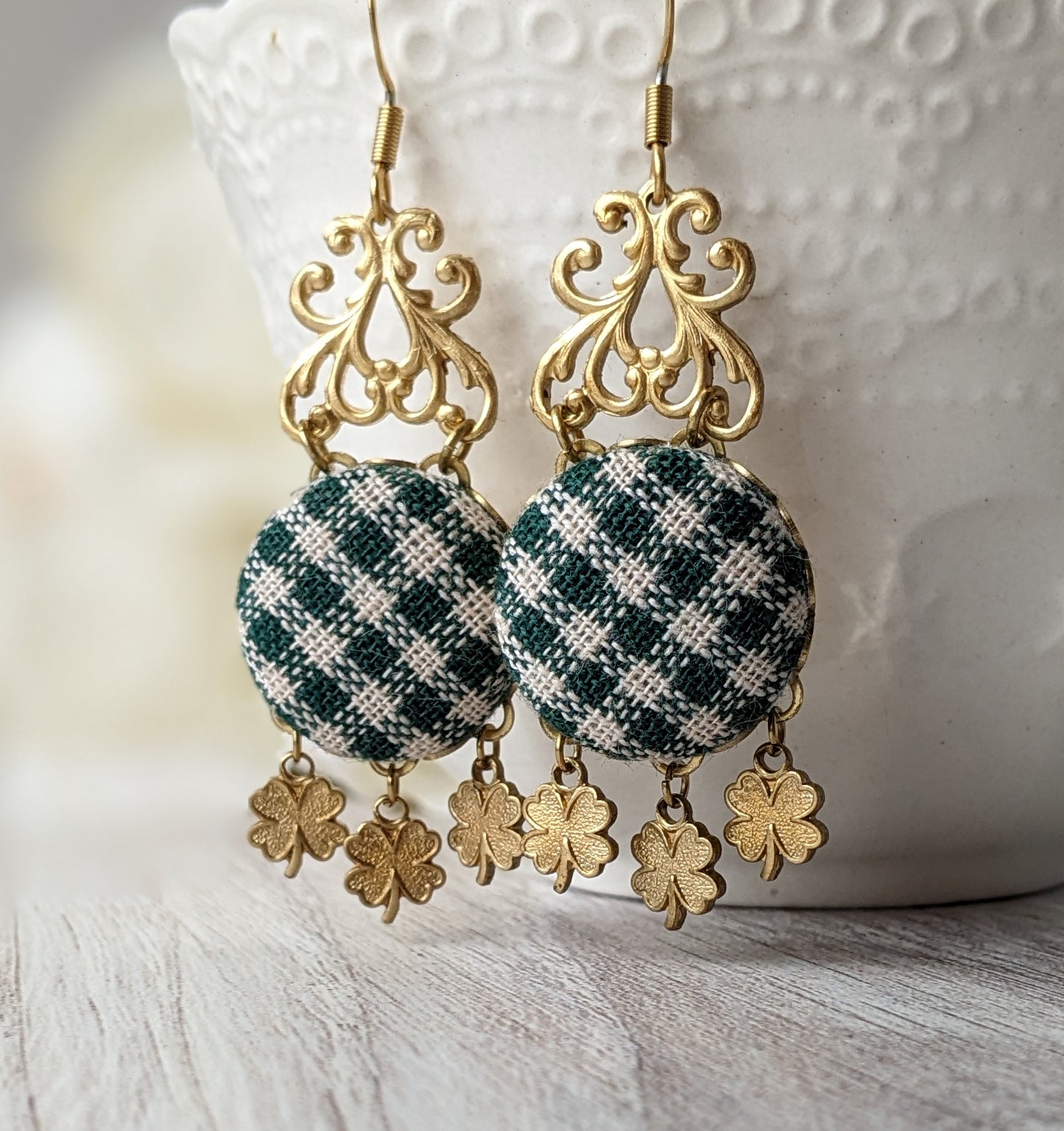Gingham And Shamrock Earrings, Green And Gold Irish Lucky Four Leaf Clover St. Patrick's Day