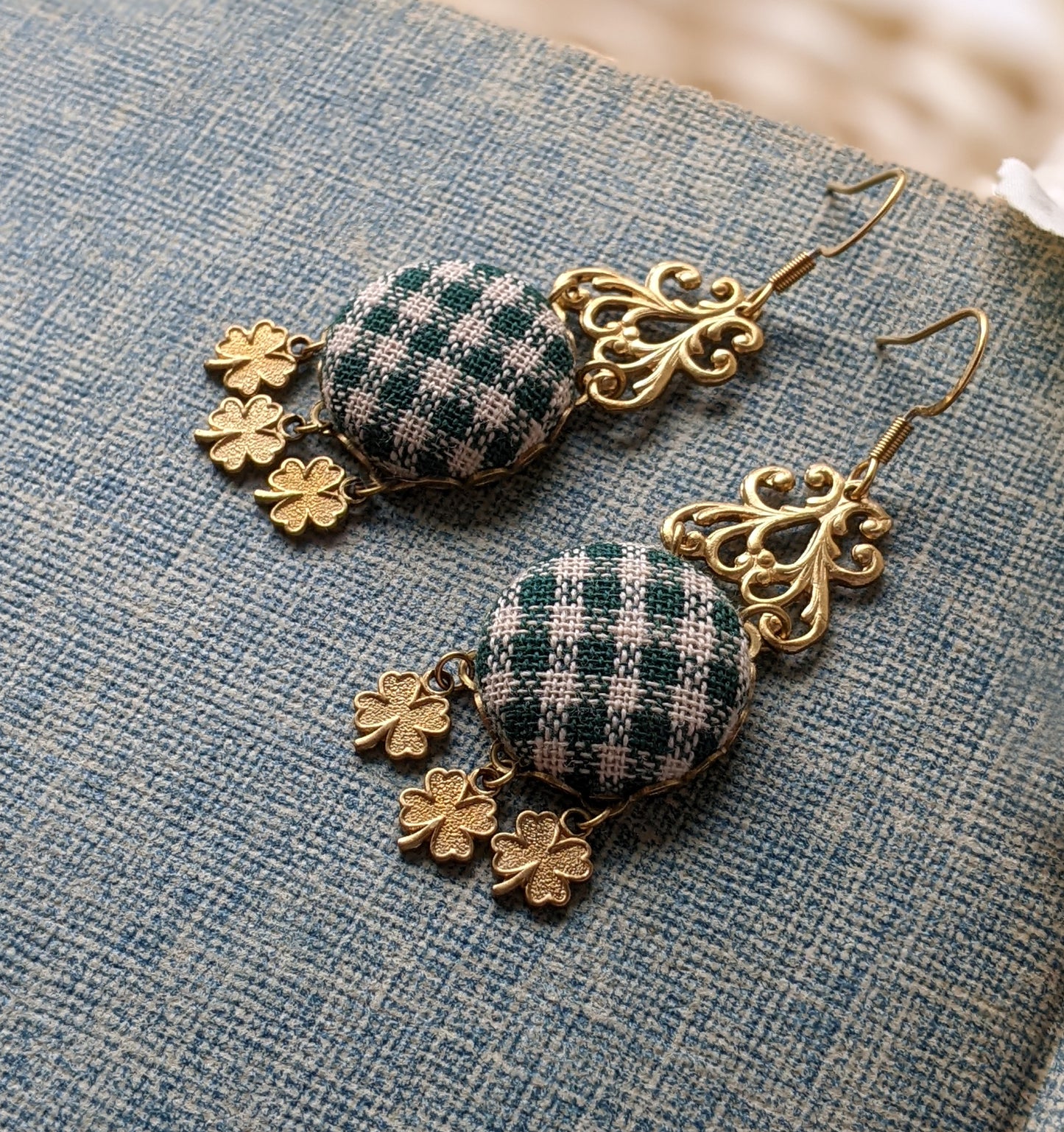 Gingham And Shamrock Earrings, Green And Gold Irish Lucky Four Leaf Clover St. Patrick's Day