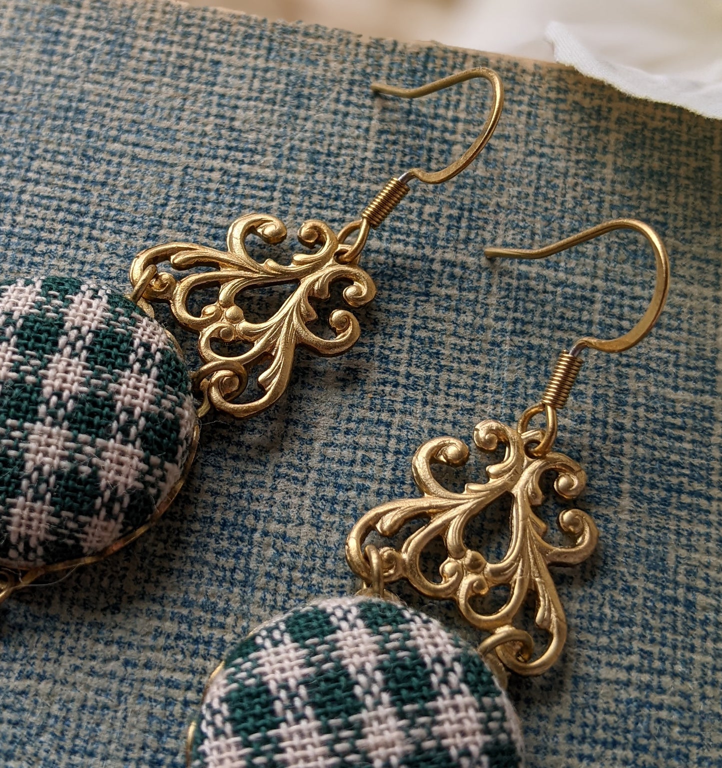 Gingham And Shamrock Earrings, Green And Gold Irish Lucky Four Leaf Clover St. Patrick's Day