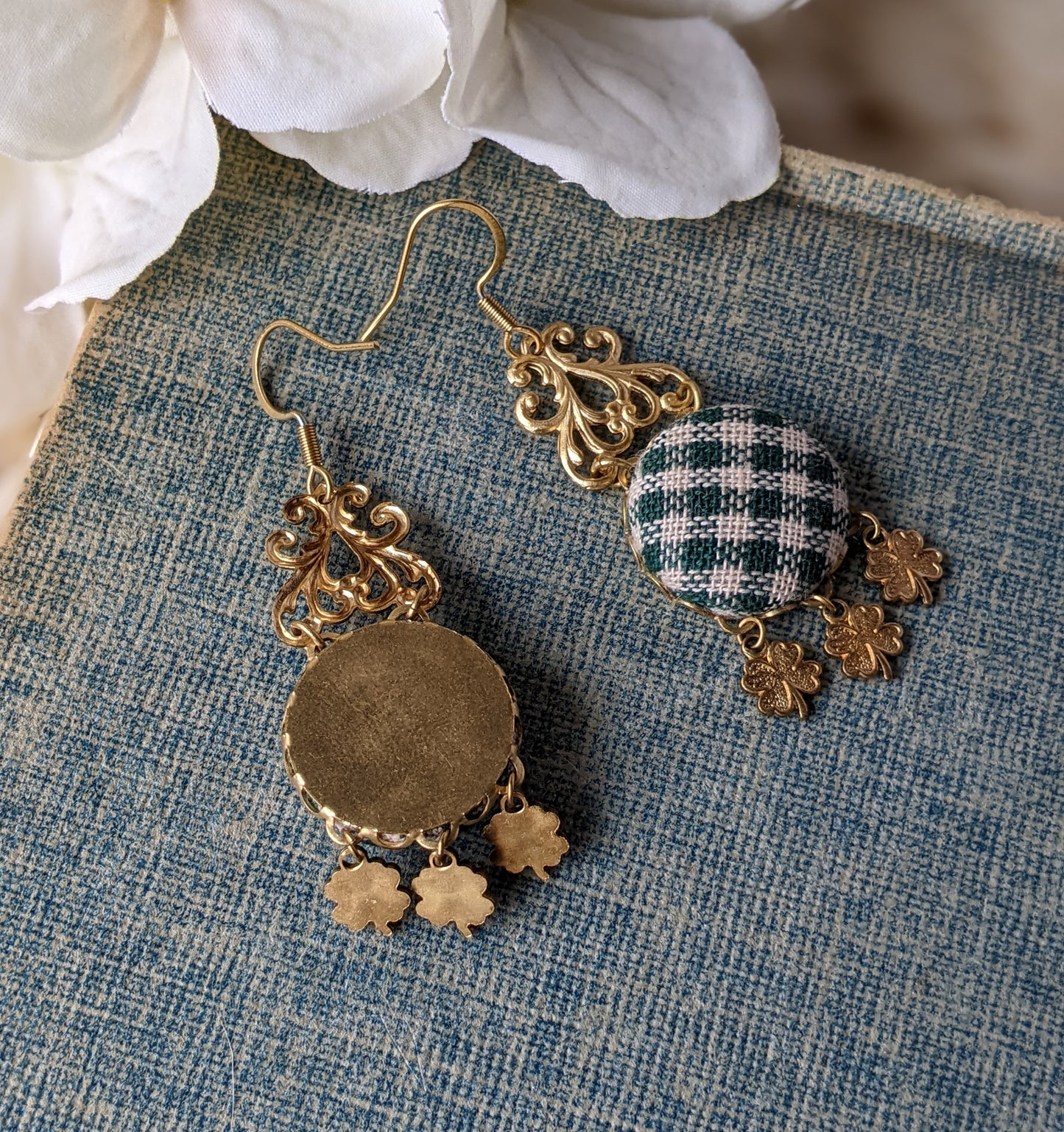 Gingham And Shamrock Earrings, Green And Gold Irish Lucky Four Leaf Clover St. Patrick's Day