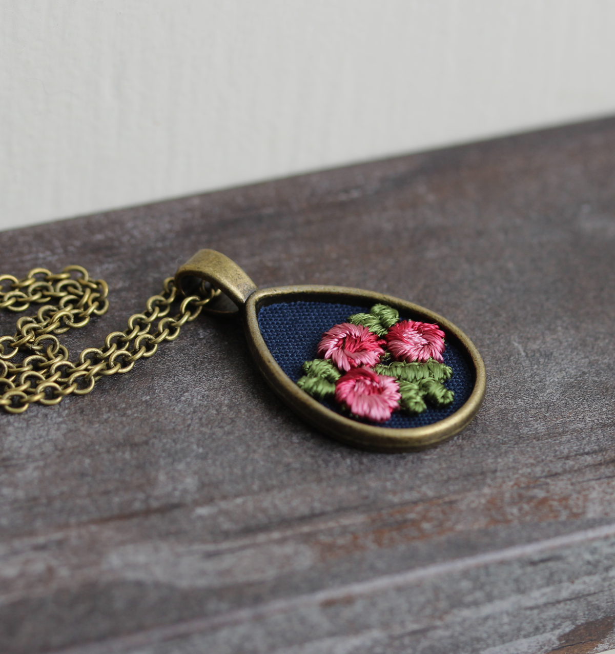 Rose Necklace, Teardrop Pendant, Navy Blue And Pink