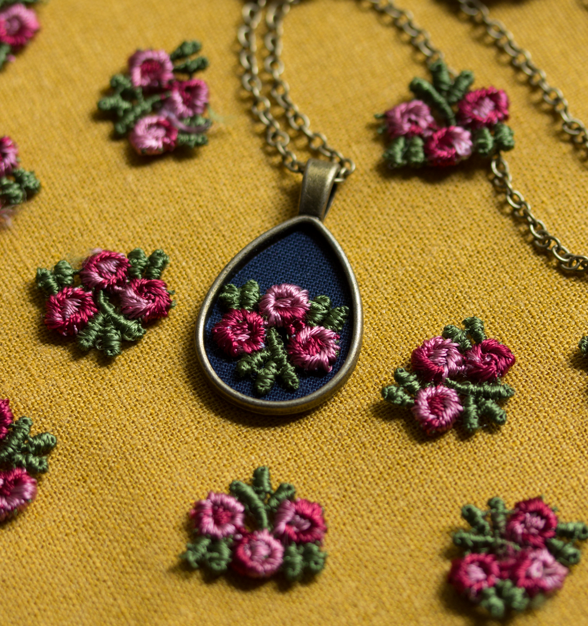 Rose Necklace, Teardrop Pendant, Navy Blue And Pink