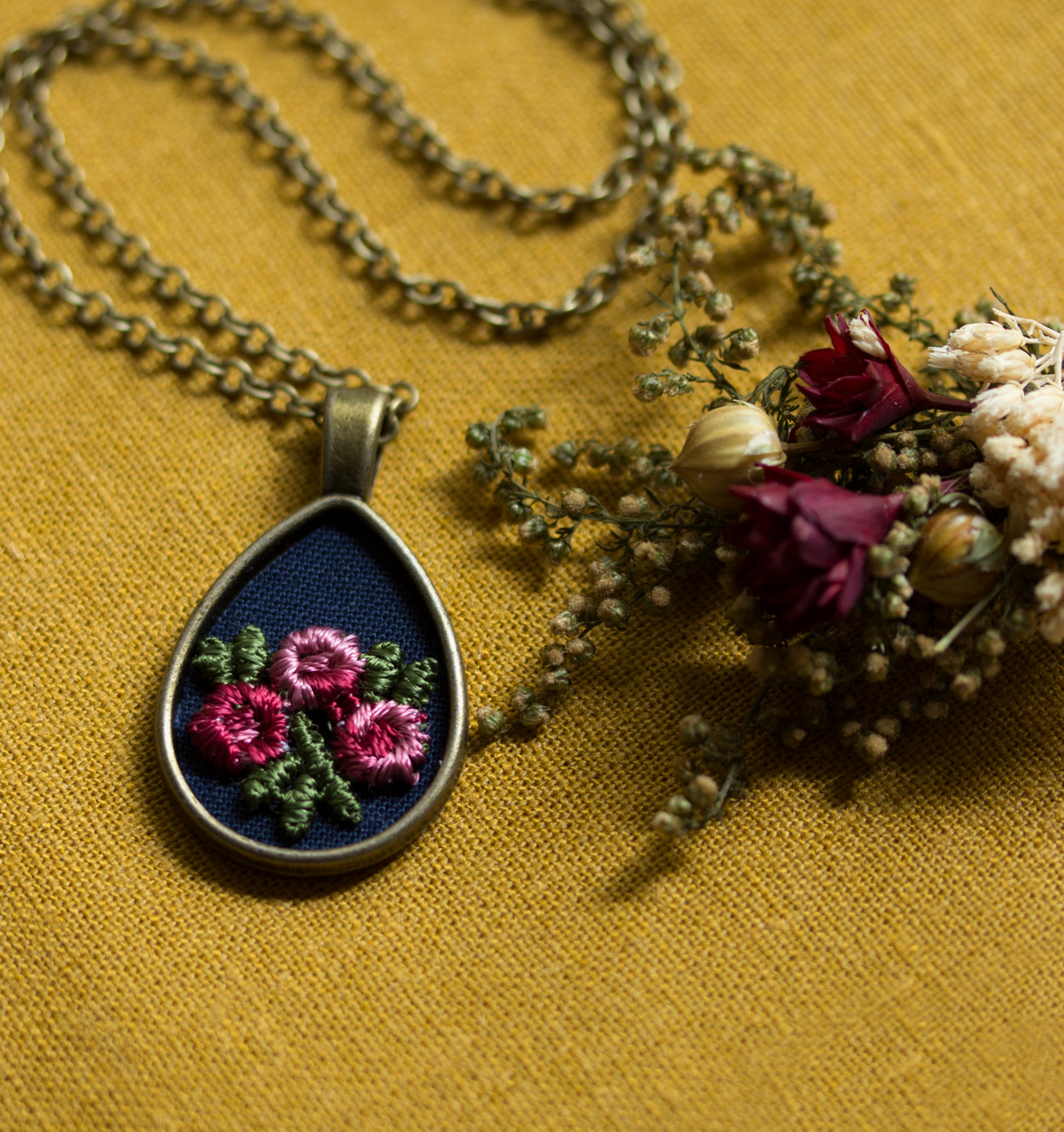 Rose Necklace, Teardrop Pendant, Navy Blue And Pink