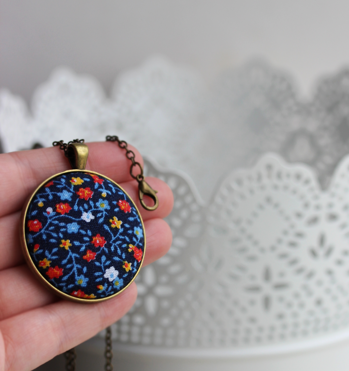 Vintage Fabric Jewelry, Navy Blue Floral