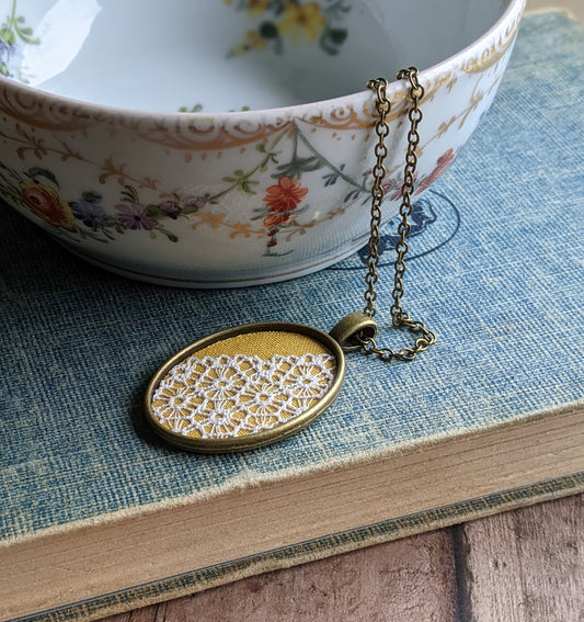 1930s Lace Necklace, Mustard Yellow Cotton, Oval Shape