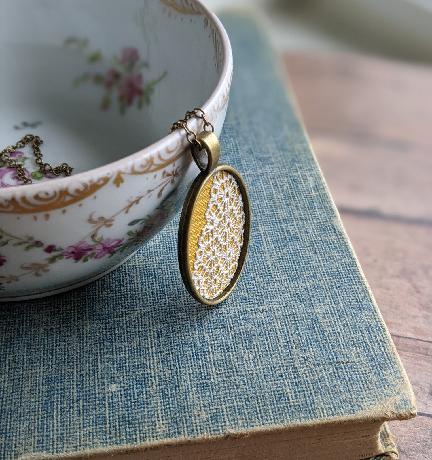 1930s Lace Necklace, Mustard Yellow Cotton, Oval Shape