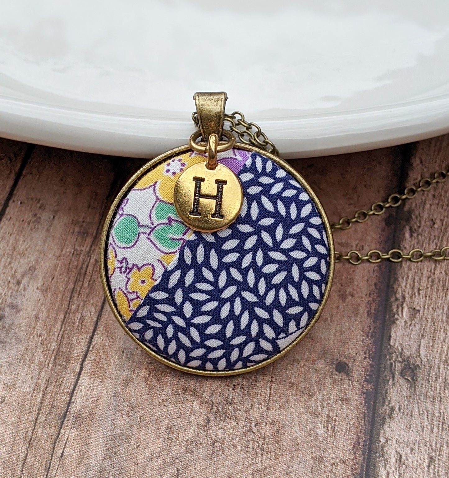 Navy Blue Vintage Quilt Pendant And Letter Charm