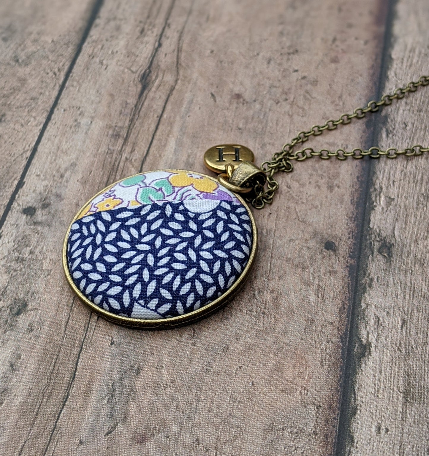 Navy Blue Vintage Quilt Pendant And Letter Charm