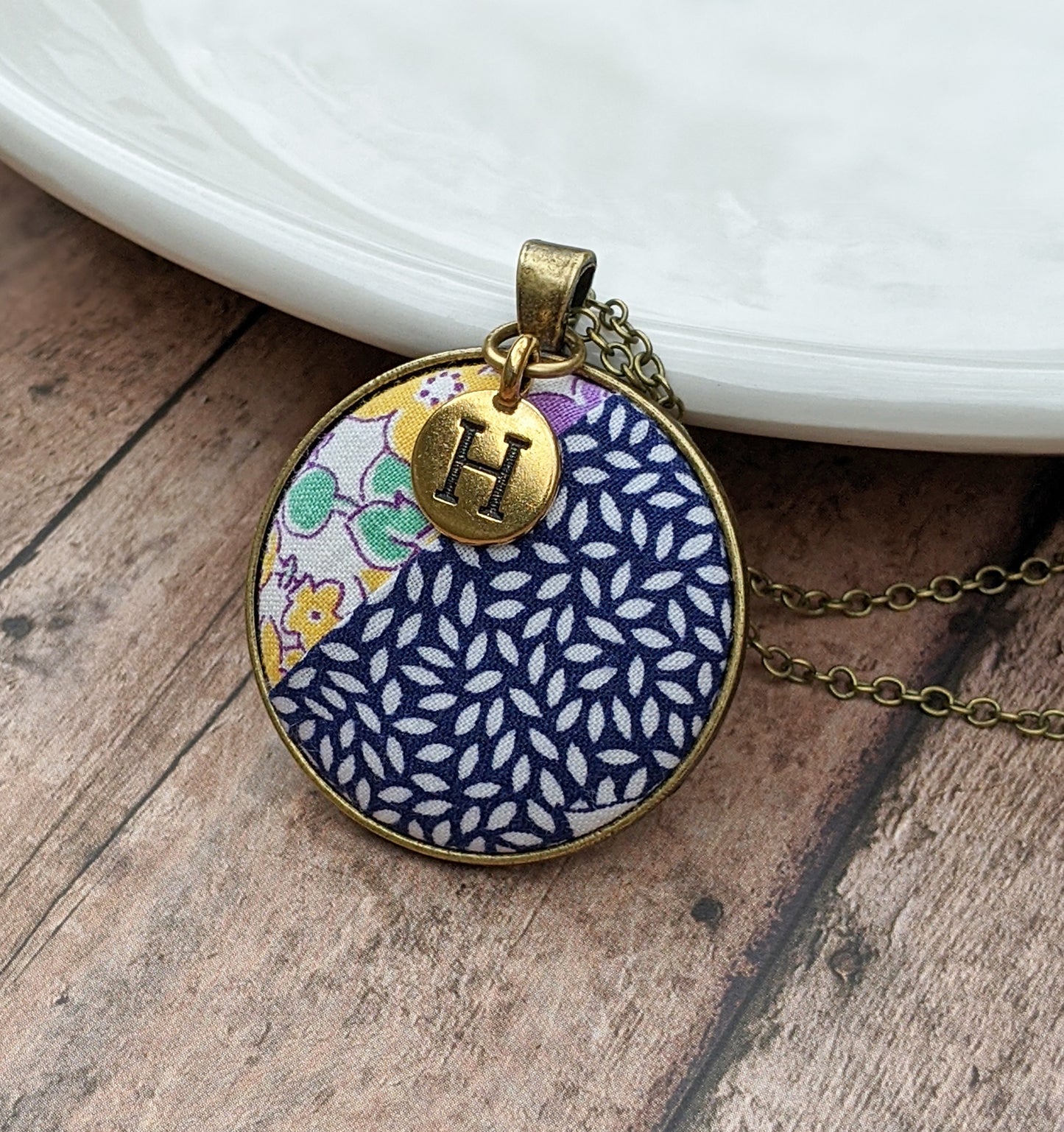 Navy Blue Vintage Quilt Pendant And Letter Charm